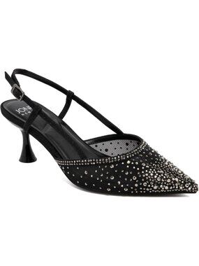 Women's Black Embellished Mesh Pointed Toe Slingback Comfortable Low Kitten Heel